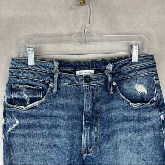 Good American Good Vintage Double Waistband Straight Leg Distressed Jeans 10/30 - Picture 4 of 10